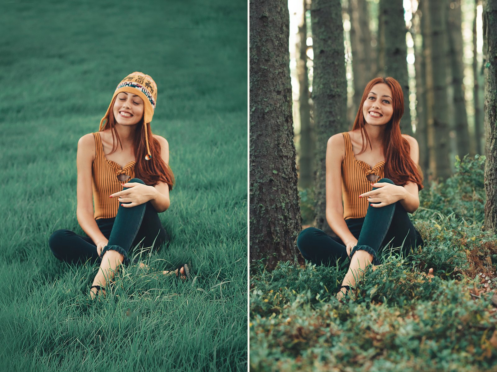 A Generative Fill before-and-after: the same portrait with the background changed.