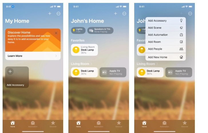 Three Apple HomeKit screens.