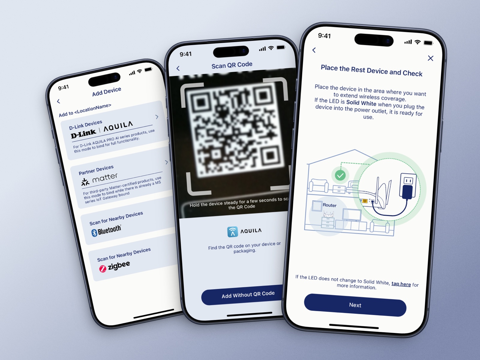 Three setup screens: choosing a connection type, scanning a QR code, and a floor plan showing where to place the extender.