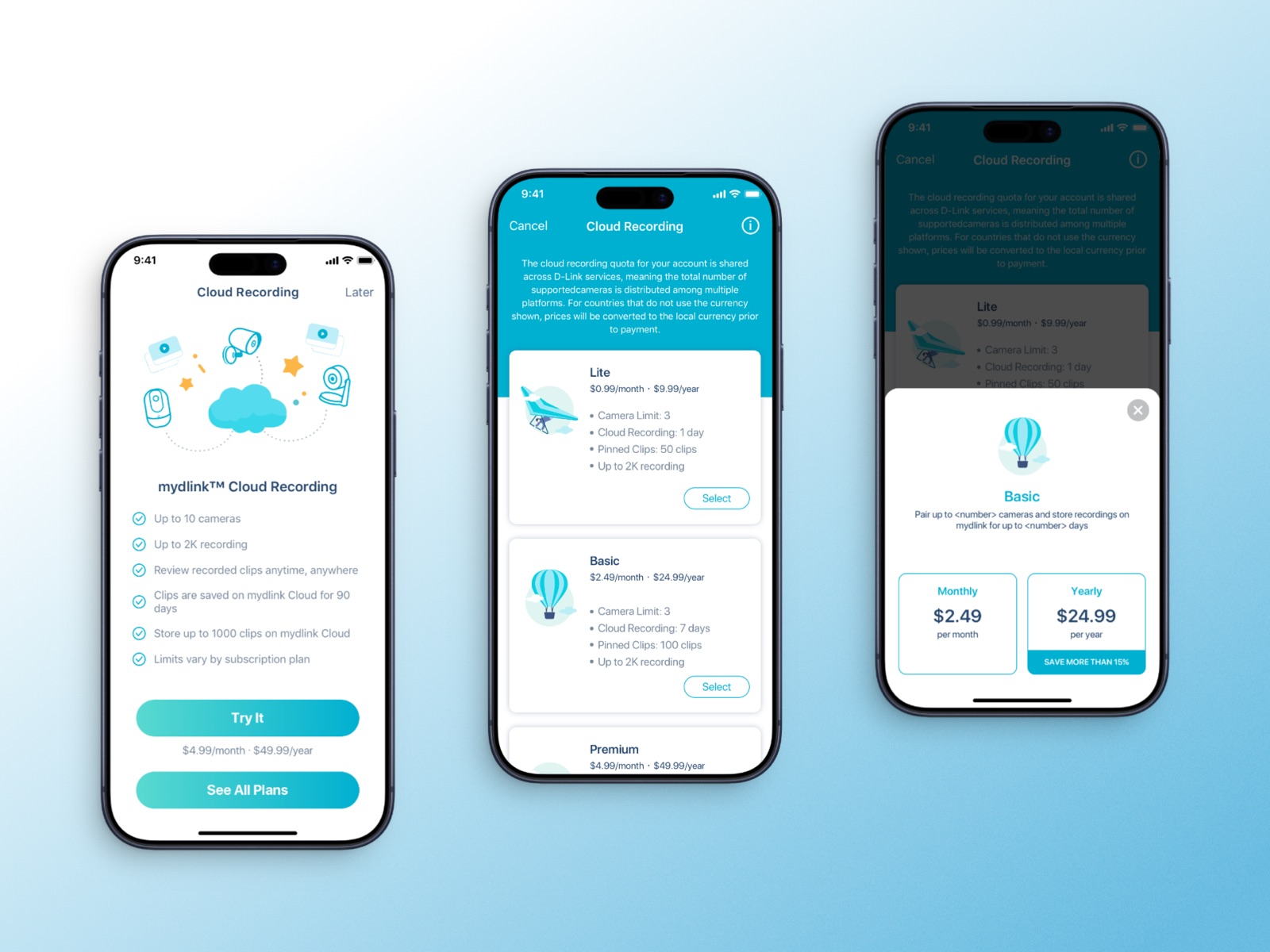 Three screens: an intro with one price and Try It, the full plan list, and monthly or yearly billing.
