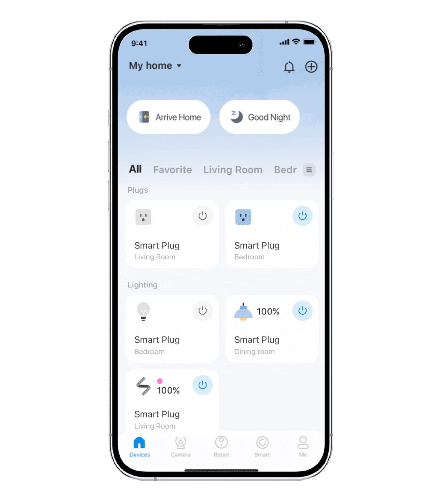 A competitor's home screen: scene buttons on top, device cards grouped by category.