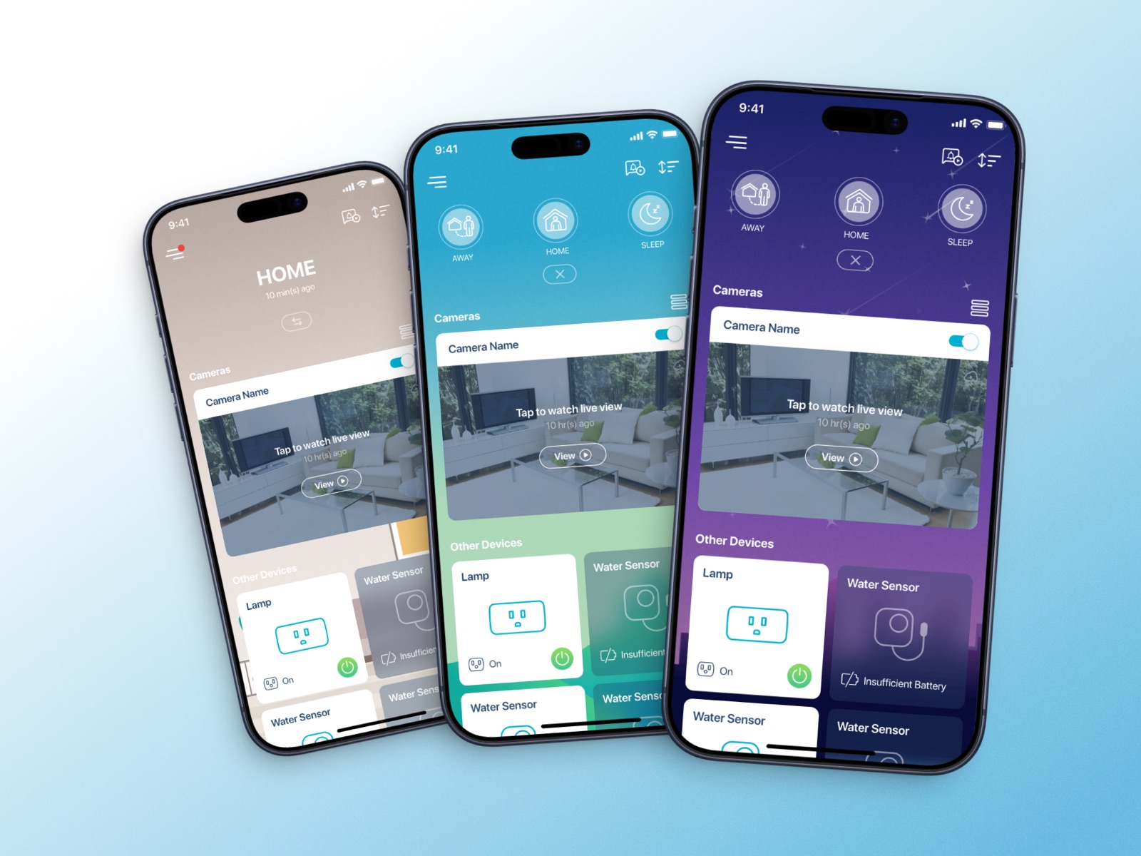 The home dashboard in three themes: scenes on top, live camera view, then other devices.