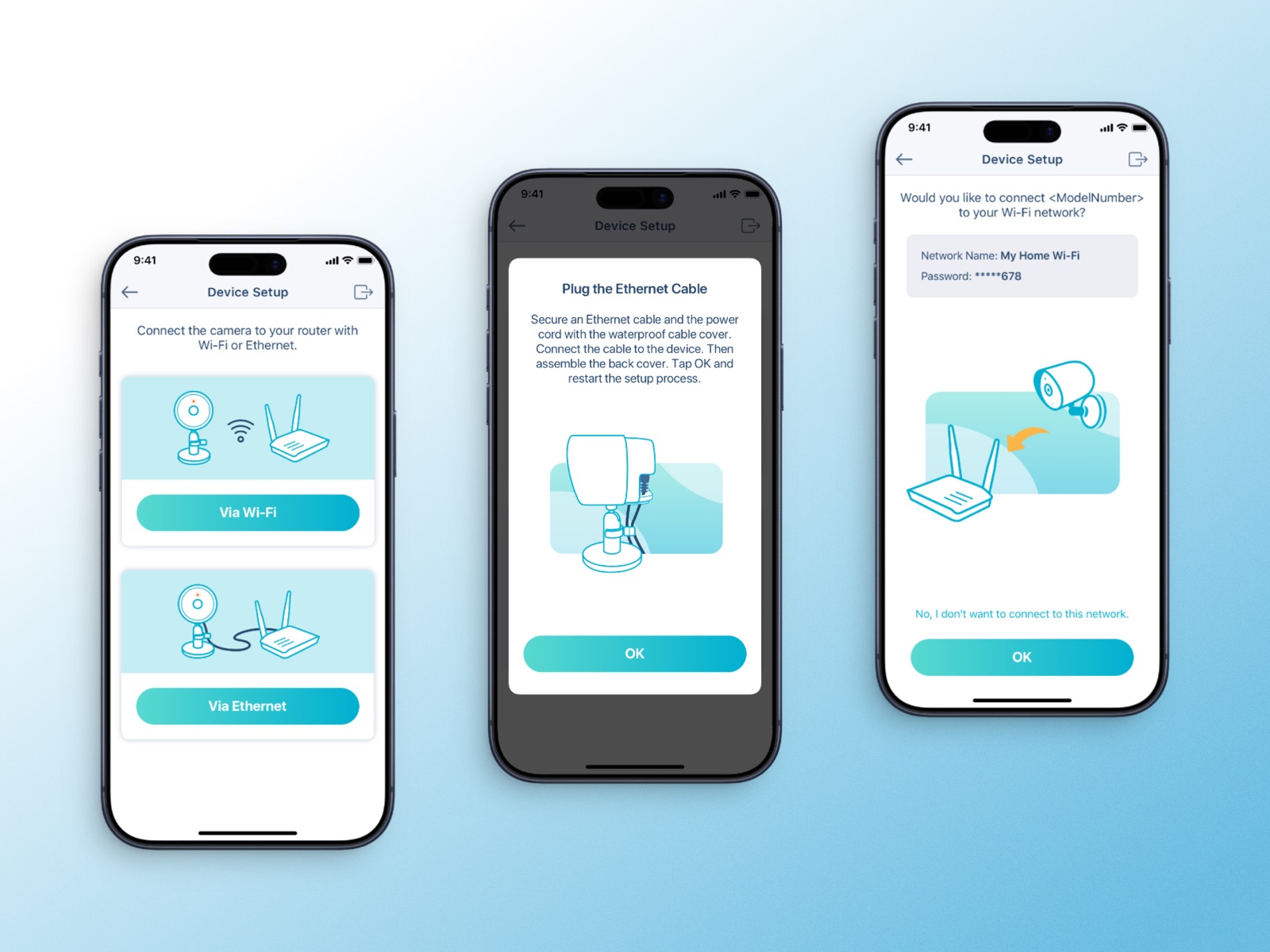 Guided setup: the app searches over BLE, connects to Wi-Fi and names the device.