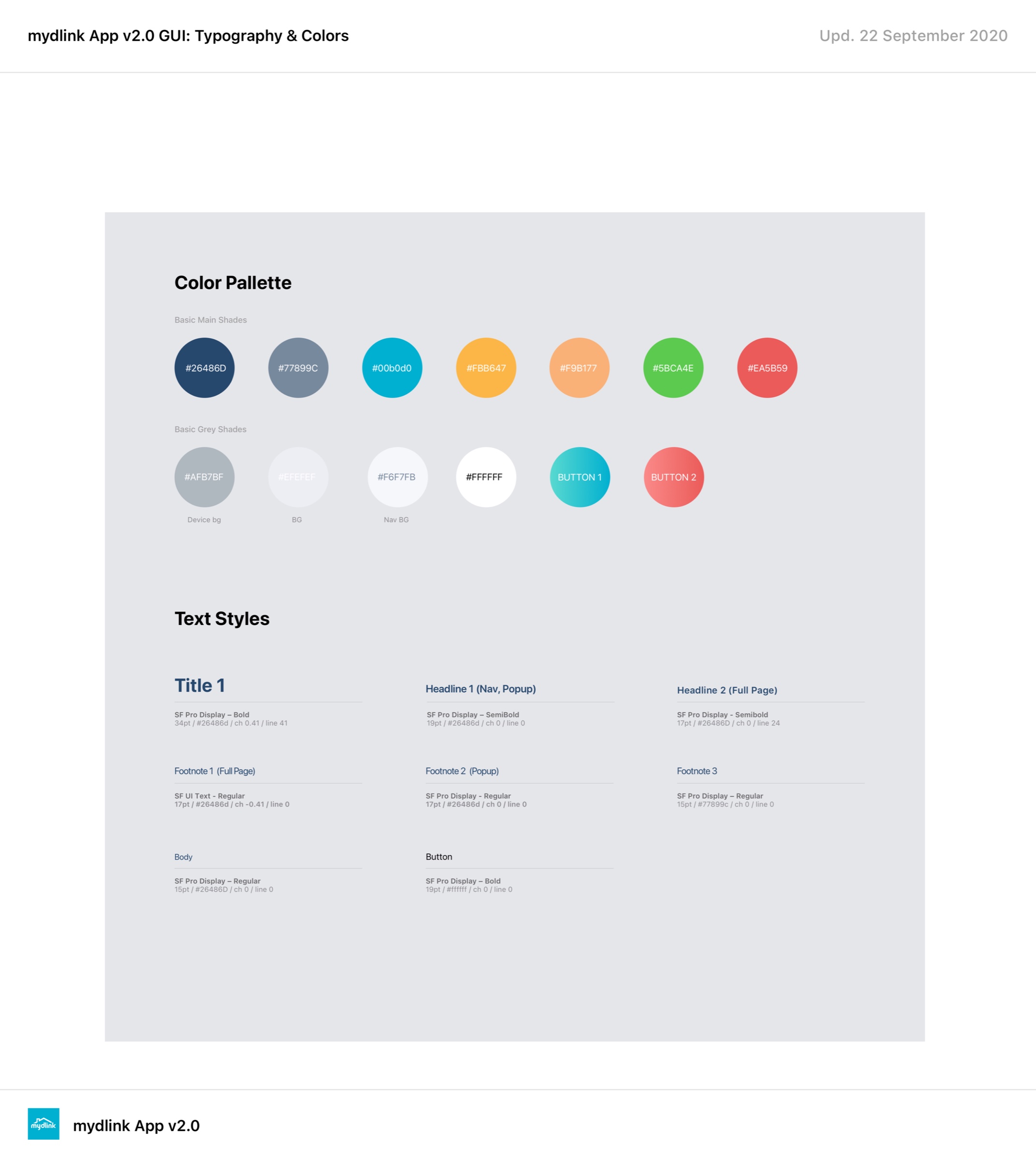 mydlink App v2.0 GUI board: colour palette with hex values and text styles.