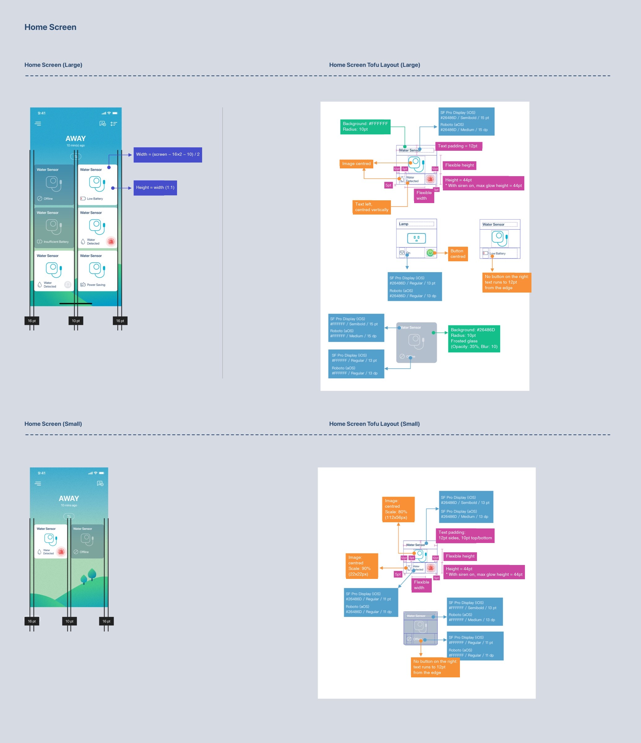 Annotated spec for the home screen in two sizes, with spacing, type and colour values.
