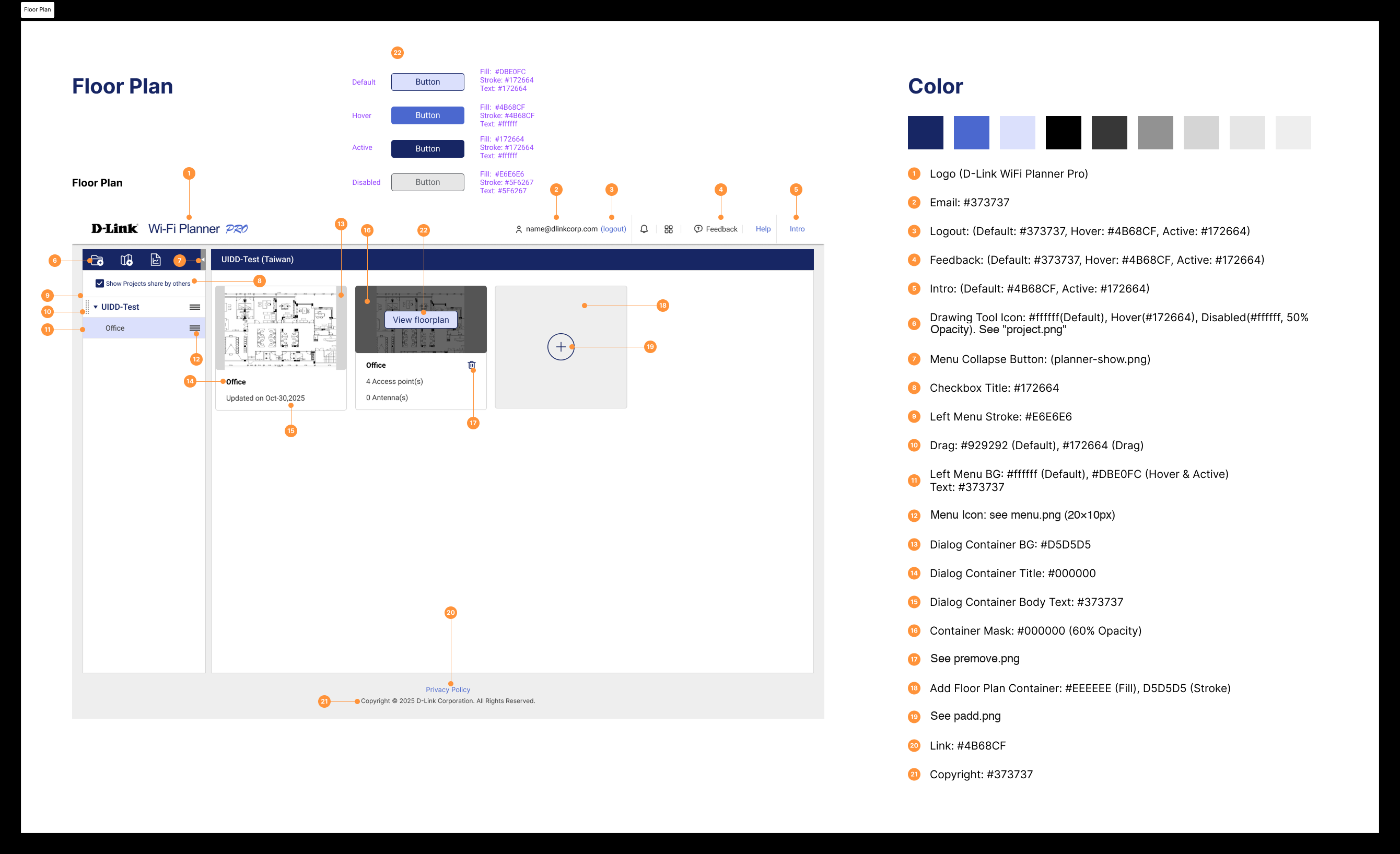 The annotated spec for the Floor Plan screen: 22 numbered components with exact colour values, and four button states.